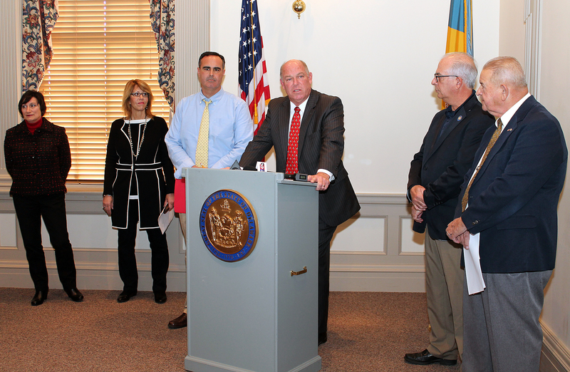 Speaker of the House Rep. Pete Schwartzkopf, D-Rehoboth, addresses the seriousness of Lyme Disease during a press conference Dec. 10. Picture (l-r) are Delaware Tourism Director Linda Parkowski, Lyme Disease Prevention Task Force member Sandy Reyes, Sen. Ernie Lopez, R-Lewes, Schwarztkopf, House Minority Leader Rep. Daniel Short, R-Seaford, and Sen. Bruce Ennis, D-Smyrna. COURTESY DREW VOLTURO